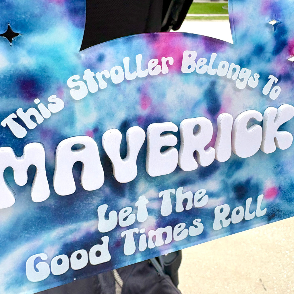 Tie Dye Mouse Ear Acrylic Stroller Sign | Groovy Personalized Family Name Stroller Tag | | Theme Park Vacation Stroller Accessory