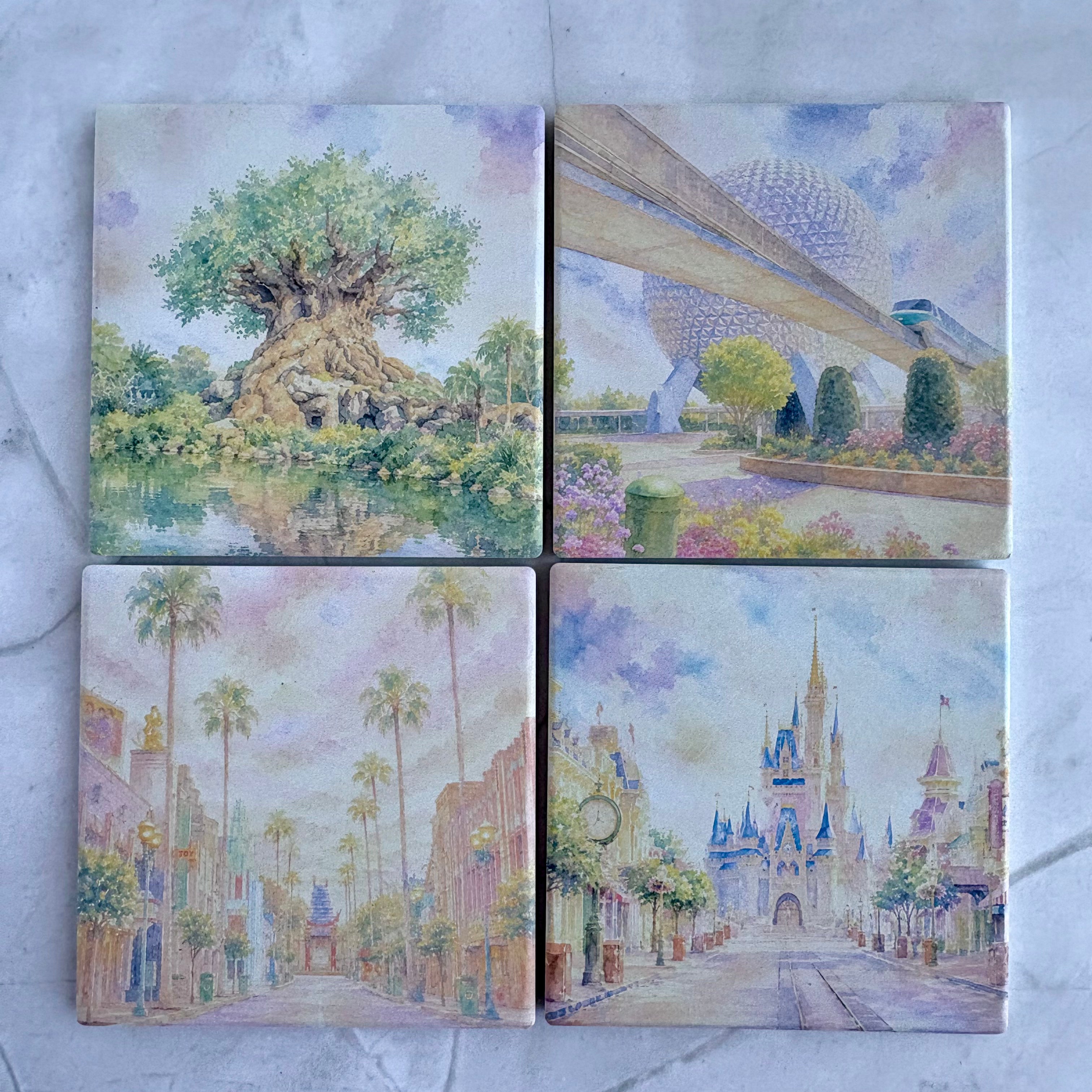 Disney Park Inspired Watercolor Ceramic Coaster Set  Castle, Monorail, Tree of Life & Hollywood Studios Decor