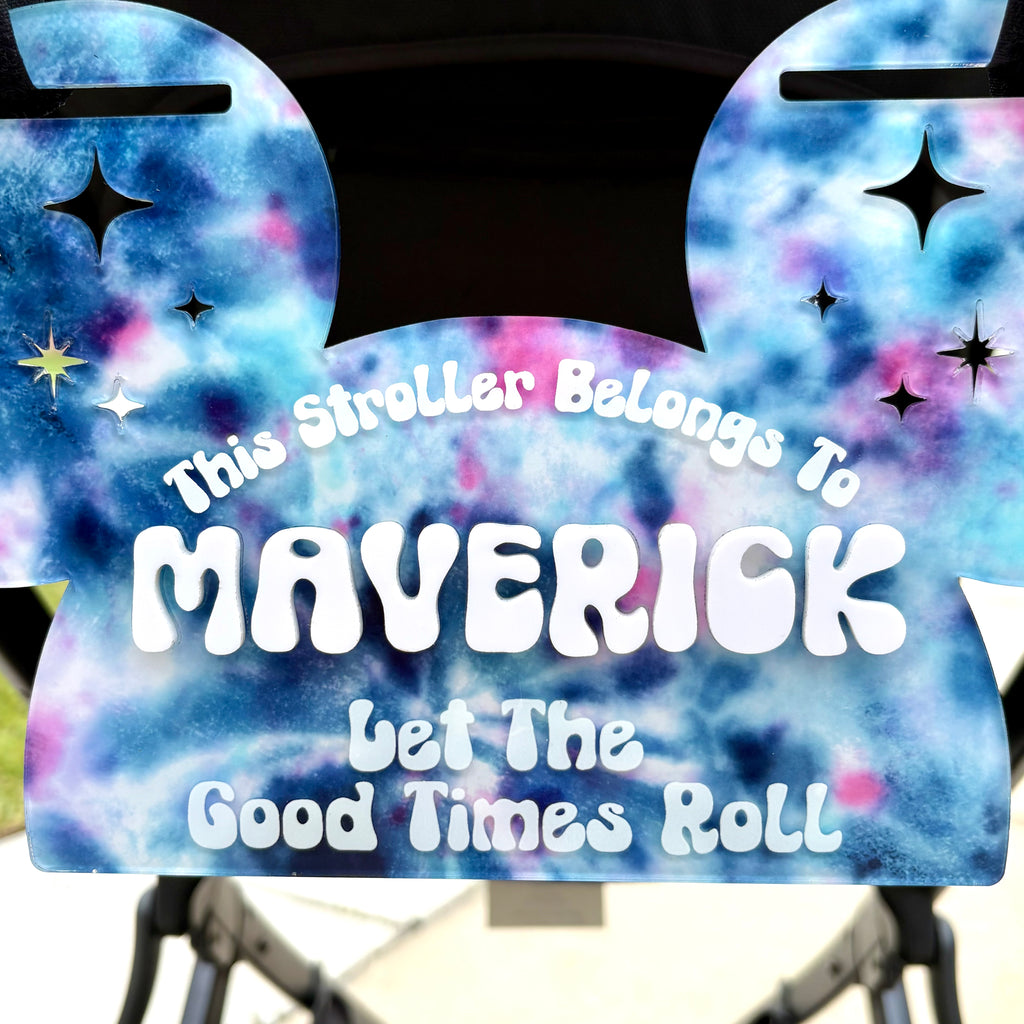 Tie Dye Mouse Ear Acrylic Stroller Sign | Groovy Personalized Family Name Stroller Tag | | Theme Park Vacation Stroller Accessory