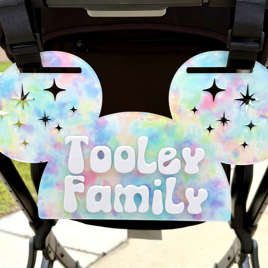 Tie Dye Mouse Ear Acrylic Stroller Sign | Groovy Personalized Family Name Stroller Tag | | Theme Park Vacation Stroller Accessory