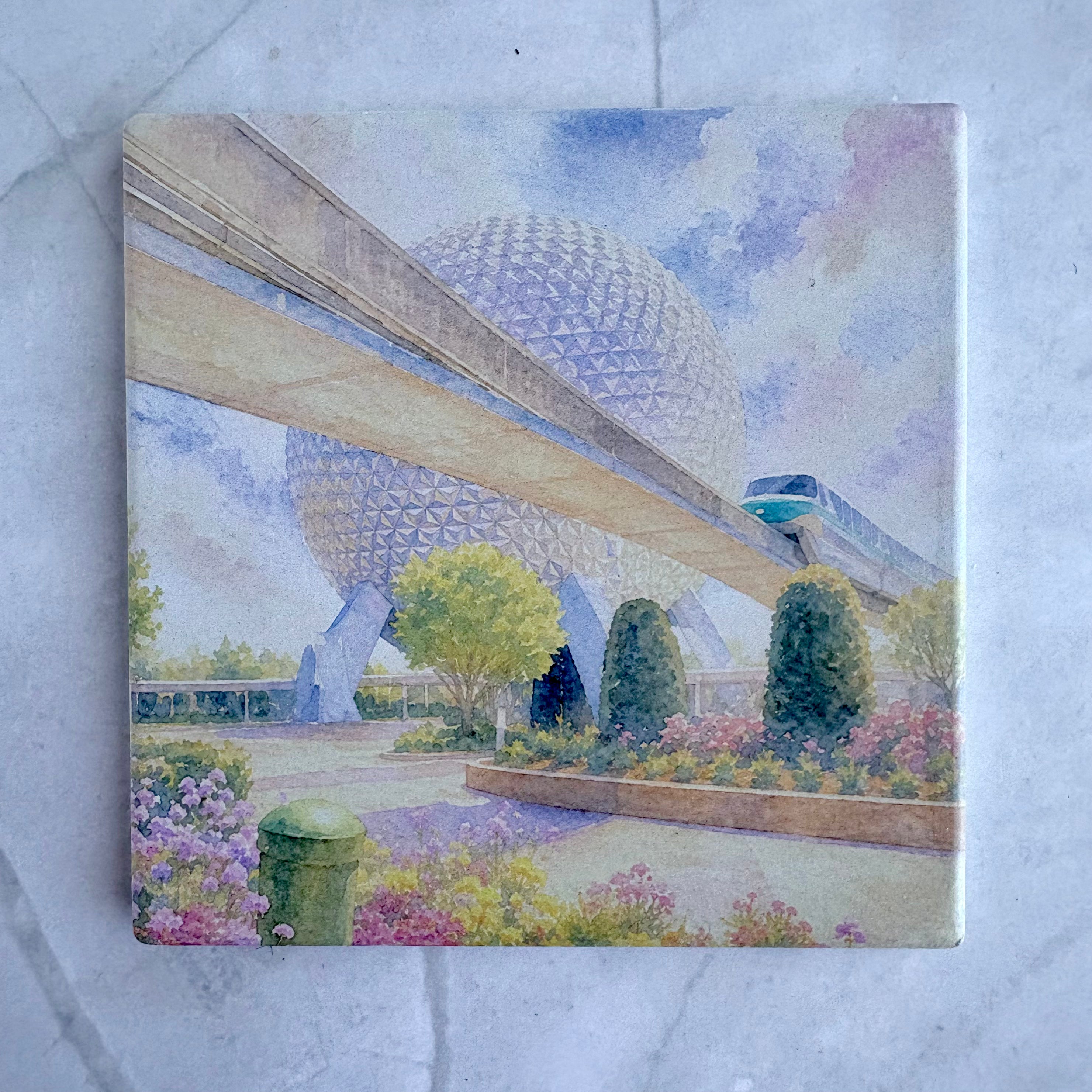 Disney Park Inspired Watercolor Ceramic Coaster Set  Castle, Monorail, Tree of Life & Hollywood Studios Decor
