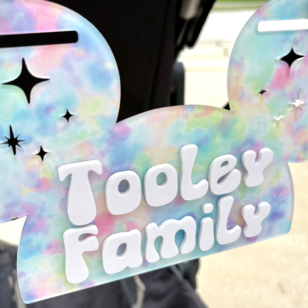 Tie Dye Mouse Ear Acrylic Stroller Sign | Groovy Personalized Family Name Stroller Tag | | Theme Park Vacation Stroller Accessory